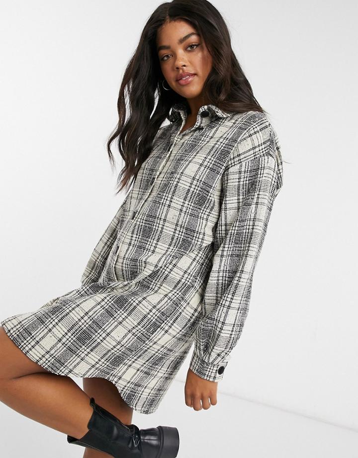 Asos Design Button Through Mini Shirt Dress In Boucle Check-multi