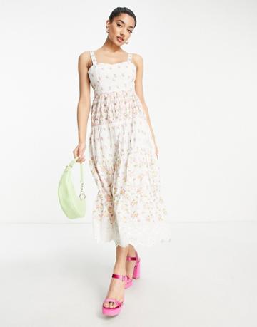Miss Selfridge Premium Tiered Midaxi Dress In Ivory With Floral Embroidery-white