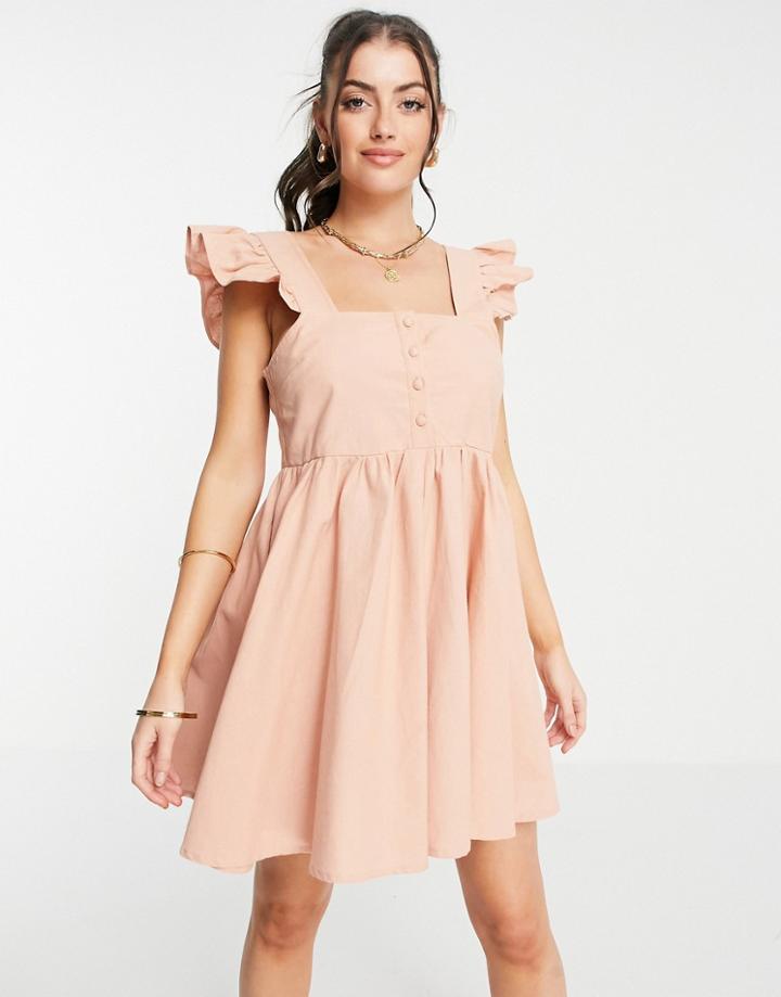 Asos Design Square Neck Ruffle Smock Mini Sundress In Linen In Dusky Pink