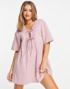 Asos Design Mini Smock Dress With Double Tie Detail In Rose-pink