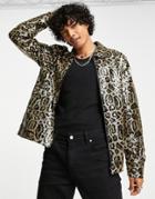 Asos Design Sequin Harrington Jacket In Gold Animal Print