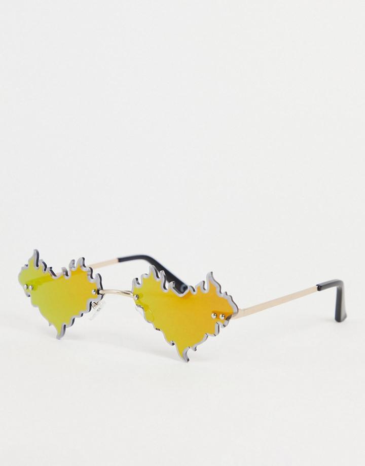 Asos Design Rimless Fashion Sunglasses With Flaming Hearts With Red Mirror Lens