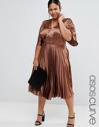 Asos Curve Satin Pleated Caftan Midi Dress - Brown