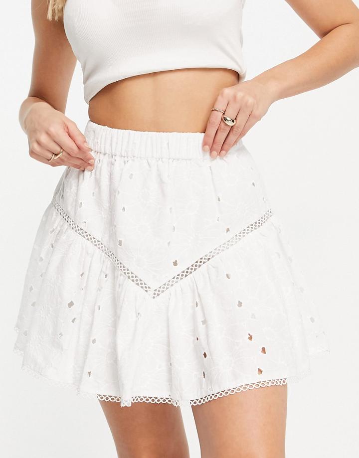 Asos Design Broderie Mini Skater Skirt With Elastic Waist In White
