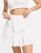Asos Design Broderie Mini Skater Skirt With Elastic Waist In White