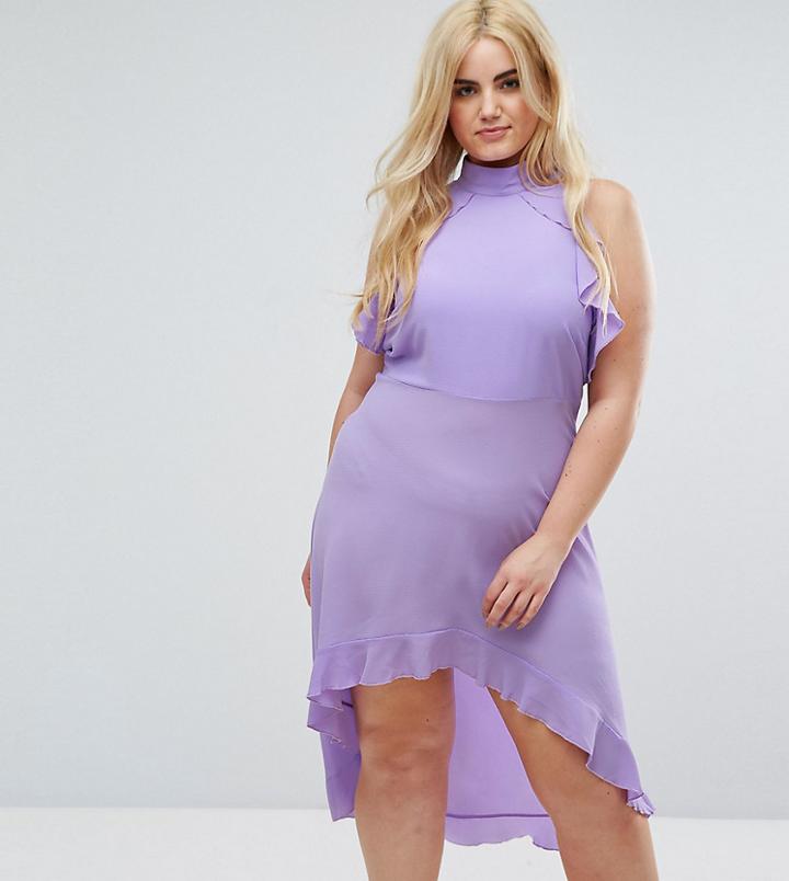 John Zack Plus Wrap Ruffle Detail High Neck Midi Dress-purple