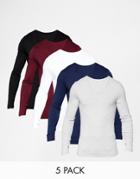 Asos Extreme Muscle Long Sleeve T-shirt With V Neck 5 Pack Save 25% - Multi