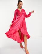 Flounce London Maternity Satin Long Sleeve Wrap Maxi Dress In Hot Pink