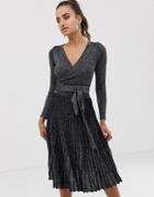 Morgan Pleated Wrap Front Midi Dress In Silver
