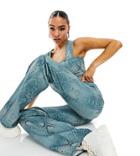Asyou Cut Out Kick Flare Pants Set In Blue Snake Print-multi