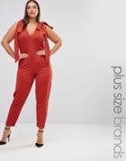 Pink Clove Sleeveless Plunge Jumpsuit With Bow Detail - Red