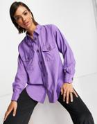 Asos Design Viscose Curved Hem Shirt With Pockets And Horn Buttons In Purple