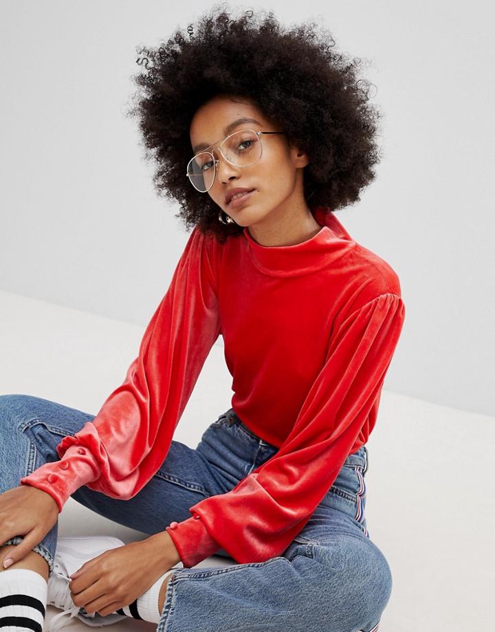 Pieces High Neck Velvet Top With Cuff Detail - Black