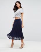 Liquorish Pleated Lace Midi Skirt - Navy