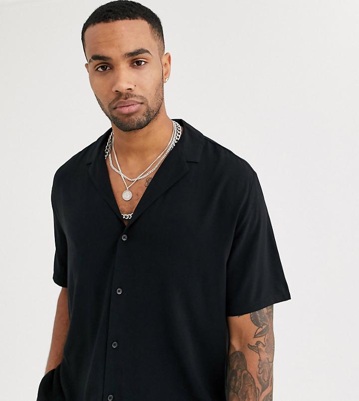 Asos Design Tall Relaxed Fit Black Viscose Shirt With Low Revere Collar In Black