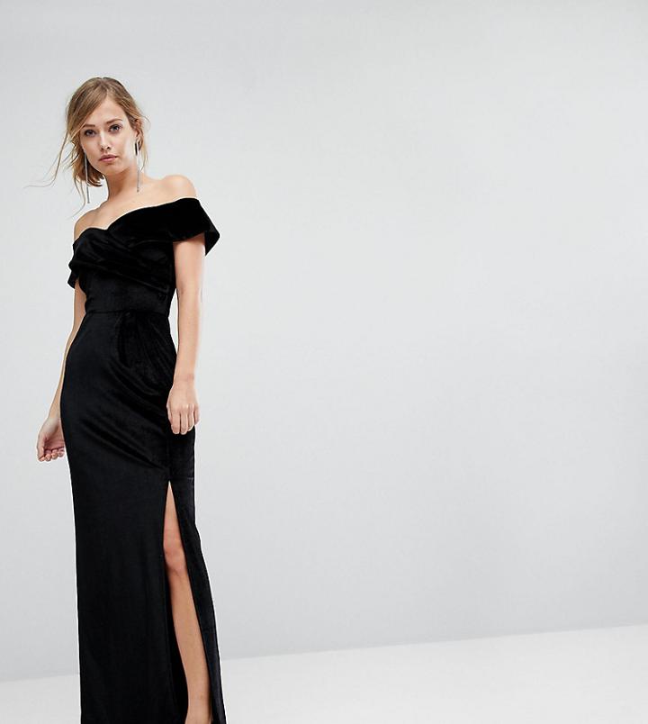 True Violet Velvet Cross Front Bardot Maxi Dress With Split - Black
