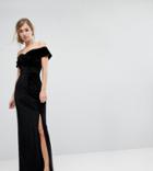 True Violet Velvet Cross Front Bardot Maxi Dress With Split - Black