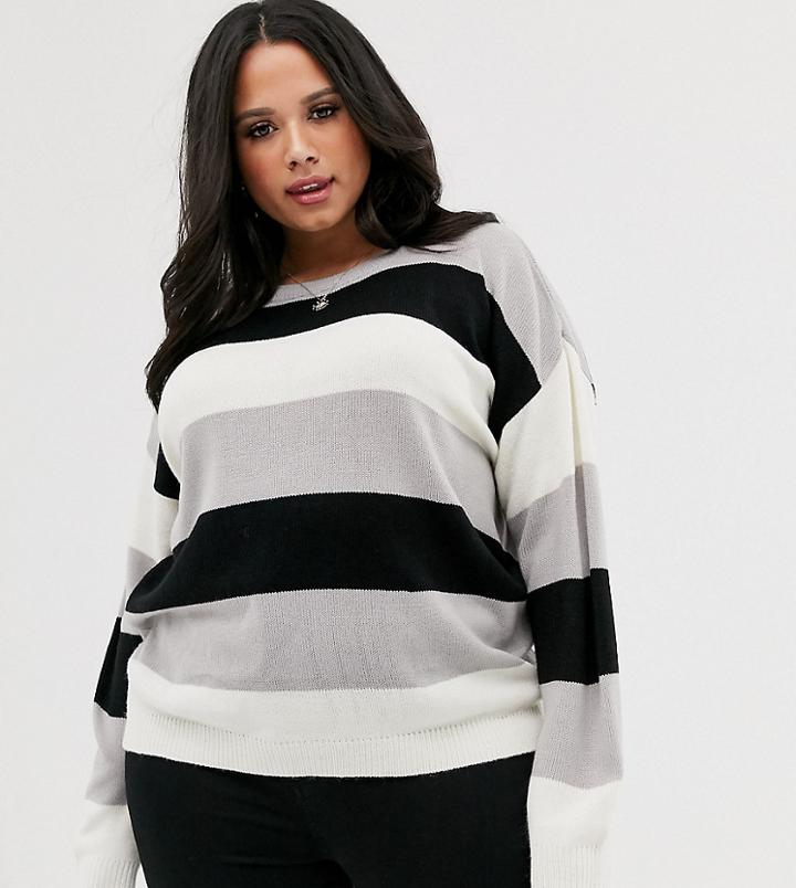 Brave Soul Plus Chess Sweater In Stripe-gray