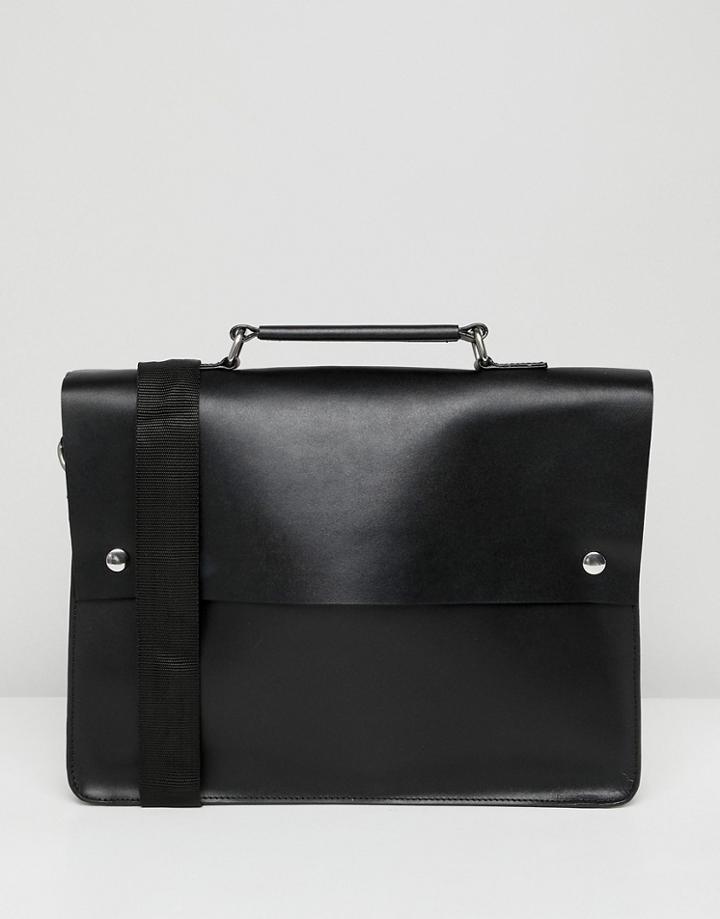Asos Design Leather Satchel In Black With Double Poppers And Internal Laptop Pouch - Black