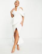 Asos Design Halter Off-the-shoulder Pep Hem Wrap Maxi Dress In Ivory-white