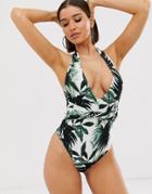 Asos Design Fuller Bust Twist Front Plunge Swimsuit In Oversized Palm Print Dd-g - Multi