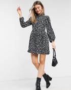 Asos Design Long Sleeve Button Front Mini Smock Dress In Black Floral Print-multi