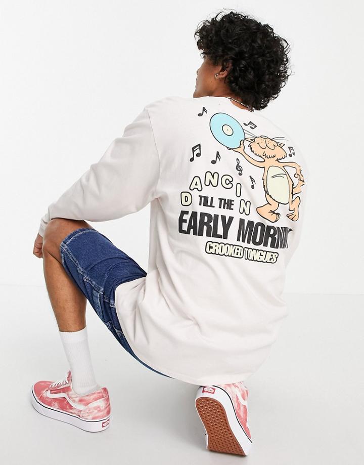 Crooked Tongues Long Sleeve T Shirt With Dancing Till Early Morning Print In Beige-neutral