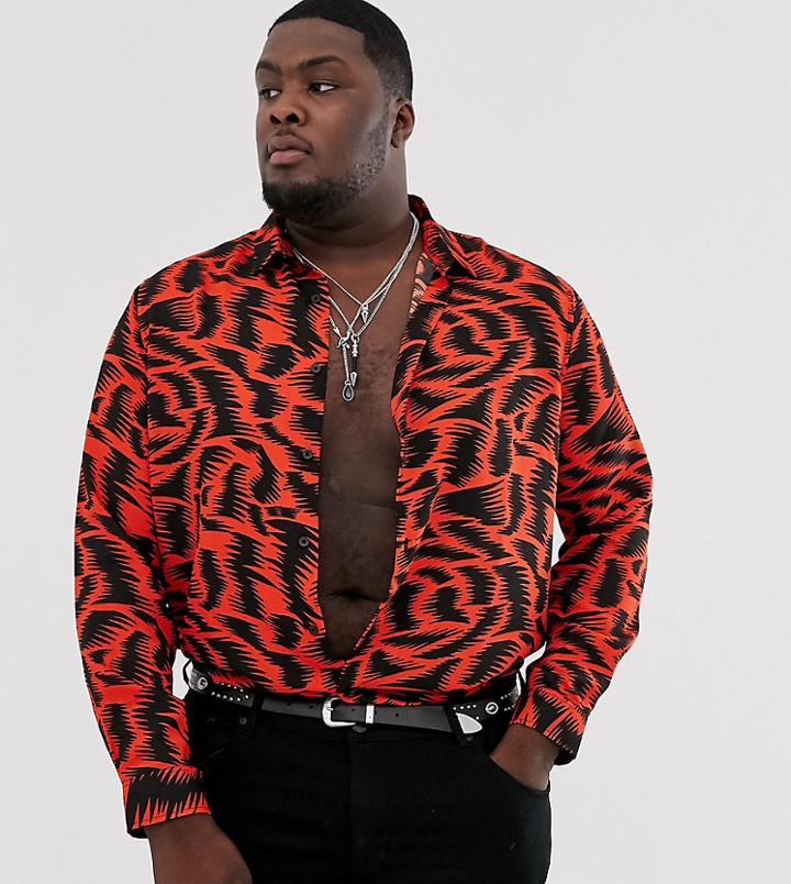 Asos Design Plus Regular Fit Long Sleeve Shirt In Zigzag Print In Red