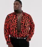 Asos Design Plus Regular Fit Long Sleeve Shirt In Zigzag Print In Red