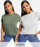 Asos Design Ultimate T-shirt With Crew Neck In Cotton Blend 2 Pack In Gray And Khaki-multi