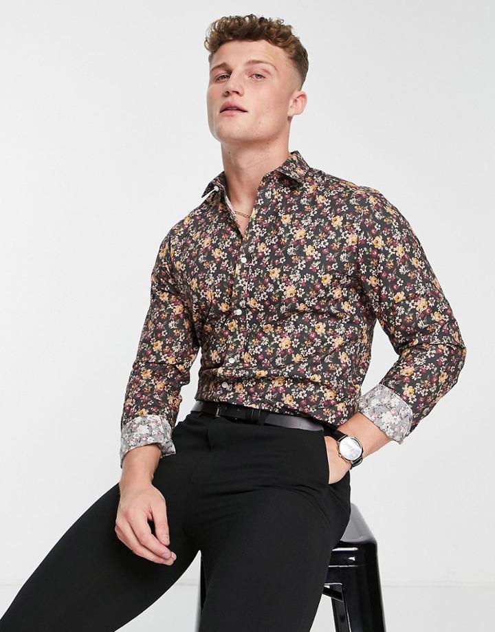 Harry Brown Autumnal Ditsy Floral Print Slim Fit Shirt-black