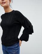 Fashion Union Cable Knit Sweater With Frill Sleeves - Black