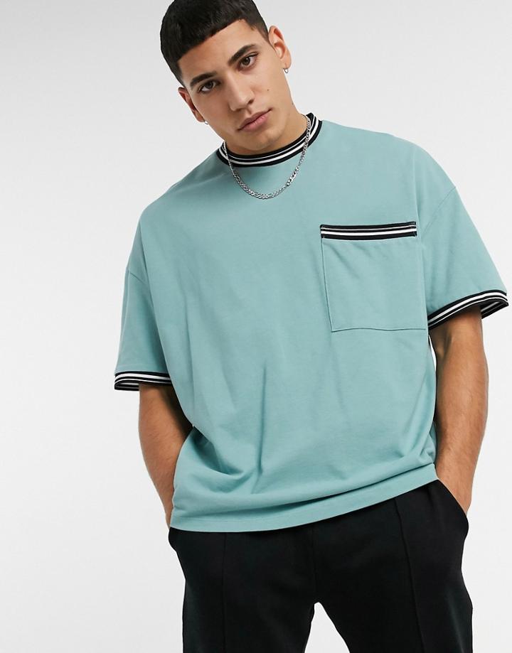 Asos Design Oversized Pique T-shirt With Tipping And Pocket In Blue