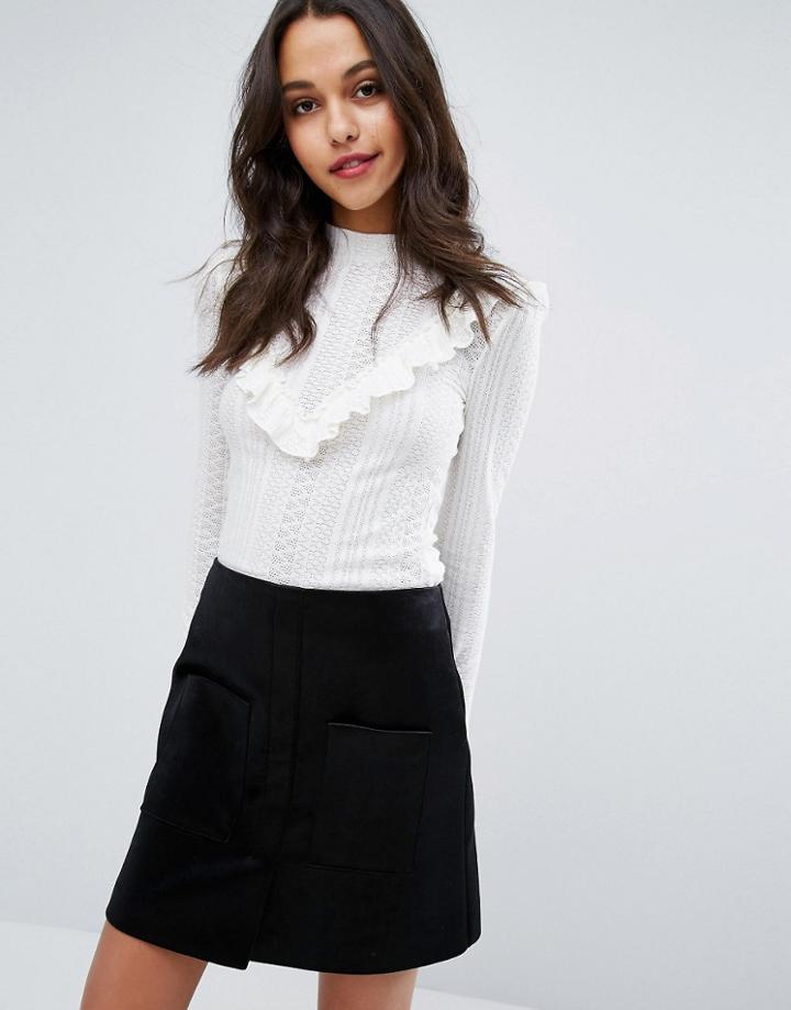 Miss Selfridge Pointelle Ruffle Top - Cream
