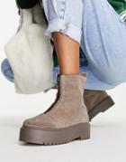 Asos Design Agent Suede Chunky Zip-front Flat Boots In Taupe-gray