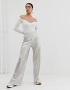 In The Style Metallic Wide Leg Pants - Silver