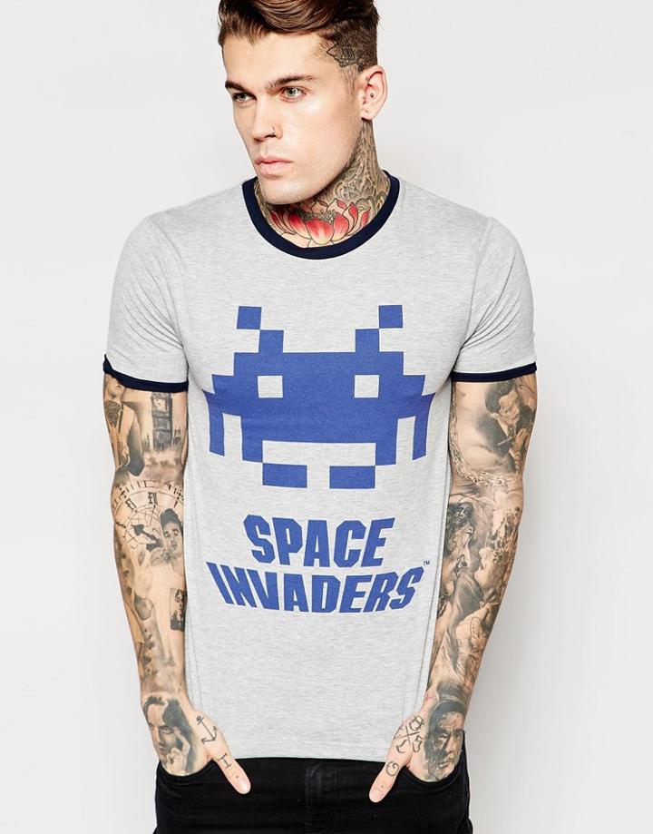 Asos Muscle T-shirt With Contrast Neck And Space Invaders Print - Gray