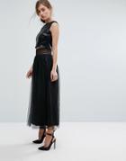 Little Mistress Allover Sequin Midi Skirt With Mesh Tulle Overlay - Black