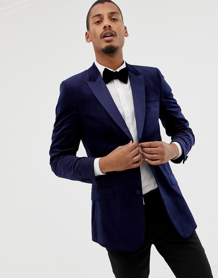 Asos Design Skinny Tuxedo Blazer In Navy Velvet