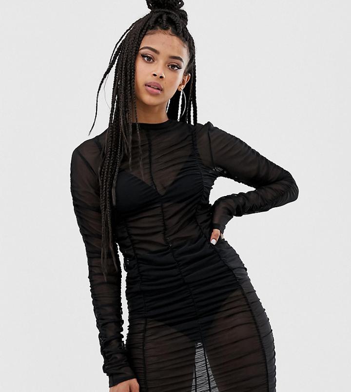 Collusion Mesh Ruched Long Sleeve Mini Dress - Black