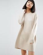 Asos Knitted Dress With Crew Neck In Fluffy Yarn - Stone