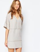 Asos Tunic Dress In Linen Look With Stitch Detail - Navy