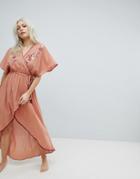 Minkpink Devoted Embroidered Wrap Maxi Beach Dress-beige