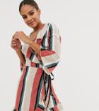 Outrageous Fortune Tall Ruffle Wrap Dress With Fluted Sleeve In Stripe Print - Multi