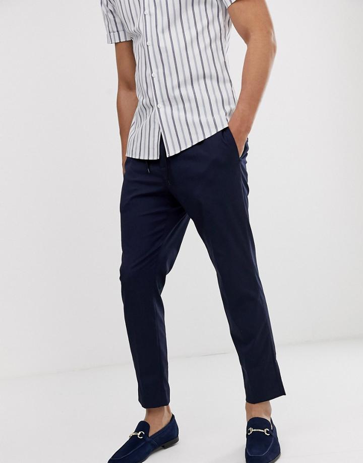 Moss London Drawstring Smart Pants In Navy