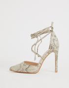 Public Desire Aries Natural Snake Ankle Tie Heeled Shoes - Beige