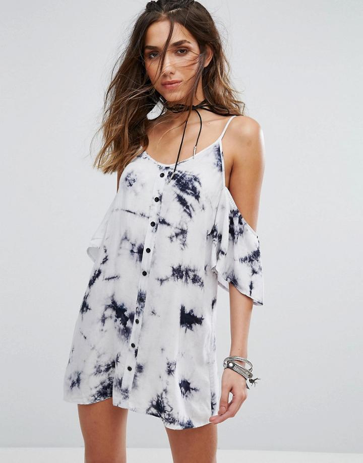 Prettylittlething Tie Dye Cold Shoulder Shift Dress - Navy