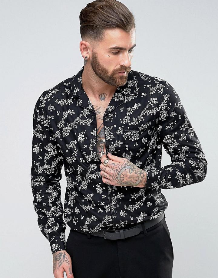 Asos Regular Fit Viscose Shirt With Piping And Floral Print - Black