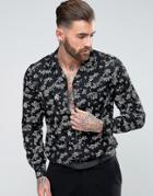 Asos Regular Fit Viscose Shirt With Piping And Floral Print - Black