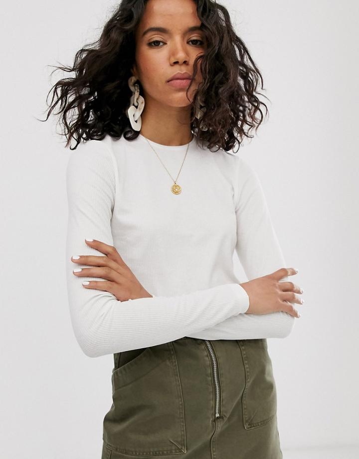Weekday Fine Ribbed Long Sleeve T-shirt In Off White - White
